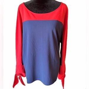 Du Jour Color Block Long Sleeve Tie Cuff Blouse